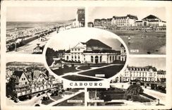 POSTAL Cabourg de la VENDIMIA la playa de la perspectiva del hotel de Normandía de la playa