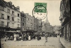 Mercado de Lisieux de la POSTAL de la VENDIMIA de la TAPA del carnicero de la carnicería