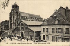 POSTAL Lisieux de la VENDIMIA el mercado con la mantequilla y la iglesia Jacques Saint