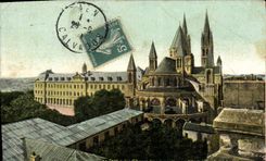 VINTAGE POSTCARD Caen Church St Etienne Abbey with the men Court of the apse and the college