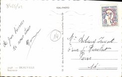 POSTAL de la VENDIMIA para recordar de Deauville el casino la playa y la barra del folklore del hotel de Normandía del sol