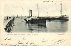 POSTAL Trouville de la VENDIMIA en el mar los dos embarcaderos y el vapor de Le Havre
