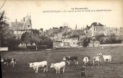 CPA La normandie Pont L'Eveque un coin de la rue de geole et la Sous Prefecture Vaches 