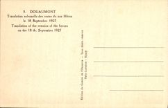 VINTAGE POSTCARD Douaumont solemn Translation of the remainders of our Heroes the Militaria on September 18th, 1927