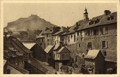 VINTAGE POSTCARD Espalion Together of old houses at the bottom feudal ruins of Calmont d' Olt
