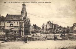 VINTAGE POSTCARD St Quentin Grand Places Town hall and the Militaria Basilica