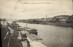 VINTAGE POSTCARD Mantes the Seine Seen from of the Bridge of Mantes Boat Barge