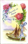 VINTAGE POSTCARD Flowers Boat