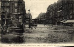 VINTAGE POSTCARD Floods Of Paris Hotel Holy Terminus and Street Lazare