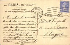 VINTAGE POSTCARD Paris While Strolling the Bridge Of the Small tower And the Statue Of Sainte Genevieve sponsors of Paris