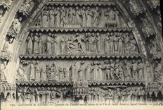 VINTAGE POSTCARD Rheims Cathedral Tympanum of the Northern gate scenes of the life of Saint Remi and Holy Nicaise
