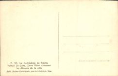 CPA Reims Cathedrale de Portail St Sixte Saiont Remi chassant les demons de la ville Diable