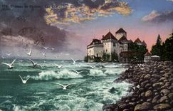 VINTAGE POSTCARD Castle of Chillon Lake Leman Gulls