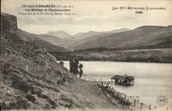 VINTAGE POSTCARD the Lake Issarles caves and the landing stage View of the chain of Mezenc the Cevennes