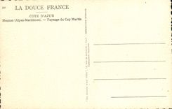 La POSTAL Francia suave de la VENDIMIA dimensiona el paisaje del azul Menton del cabo Martin