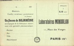 Lugares de París de la POSTAL de la VENDIMIA de los laboratorios Mondolon Flacon Bilirheine de Vosges Publicite