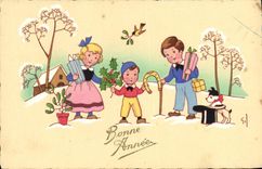 CPA Fantaisie Enfant Fer a cheval Chien