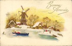 CPA Fantaisie Bonne annee Moulin a vent