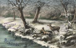 VINTAGE POSTCARD Fantasy Happy New Year Hind Stag