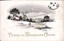 CPA Fantaisie Bonne annee Moulin a vent