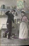 CPA Fantaisie Femme Idylle a la cuisine
