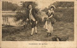 VINTAGE POSTCARD Fantasy Woman Walk in boat