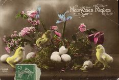 CPA Fantaisie Fleurs Paques Poussin 