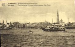 Panorama de Amberes de la POSTAL de la VENDIMIA del Scheldt y del barco para el co. Anne