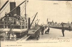 POSTAL Amberes de la VENDIMIA vista de la promenade y del vapor del barco de Norddeutscher Lloyd