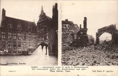 CPA Ypres Conciergerie avant et apres le bombardement Militaria