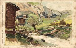 POSTAL de la VENDIMIA el pasto y la aldea suiza París 1900 de Riusseau