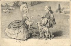 CPA Fantaisie Femme Enfant Moutons 