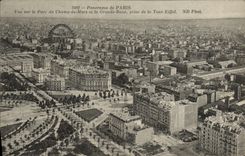 Panorama de París de la POSTAL de la VENDIMIA visto en el parque del Champ de Mars y de la rueda grande tomados de la torre Eiffel