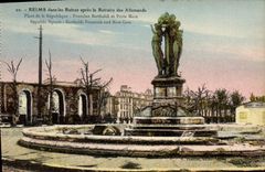 VINTAGE POSTCARD Rheims In the Ruins After the Retirement Of Allemandes Places the Republic Fountain Bartholdi Porte Militaria Mars