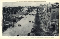 VINTAGE POSTCARD Rheims In the Ruins After the Retirement Of the Germans View Of the Place of Erlon Towards Train station Militaria