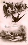 CPA Bonne Annee Fleurs Hirondelle