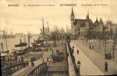 POSTAL Amberes de la VENDIMIA el muelle de descarga y los barcos de Steen