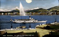 CPM Geneve La Rade Le Jet d'Eau Et Le Mont Blanc Bateau