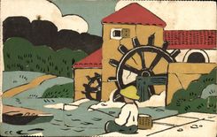 VINTAGE POSTCARD Mill (made with the hand)
