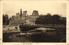 CPA Paris Hotel de ville et la Seine Bateau Peniche 