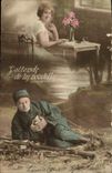 VINTAGE POSTCARD I await Your New Woman Militaria Soldier