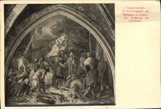 VINTAGE POSTCARD Fresko Gemalde Im Kronungslaale Of Rathausses zu Aachen