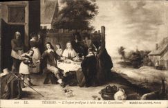 VINTAGE POSTCARD Teniers L Prodigal son has Table With Courtesans Museum of Louvre Paris