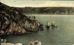 VINTAGE POSTCARD Guernsey Saitns Bay Bog and lion rock'n'rolls