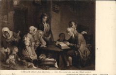 VINTAGE POSTCARD Greuze Der Hausvater DER aus der Bibel vorliest Dreden