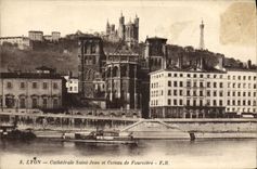 VINTAGE POSTCARD Lyon Cathedral Jean Saint and Coteau of Fourviere