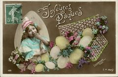 VINTAGE POSTCARD Merry Easter Child Eggs