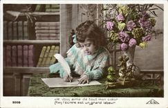 CPA Je vous aime de tout mon coeur Mais l'ecrire est un grand labeur Enfant