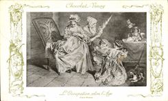CPA Fantaisie Publicite Chocolat Vinay L'occupation selon l'age Watteau Fileuse Chat Chien Enfants