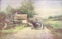 VINTAGE POSTCARD Fantasy Peasants Coach Horses